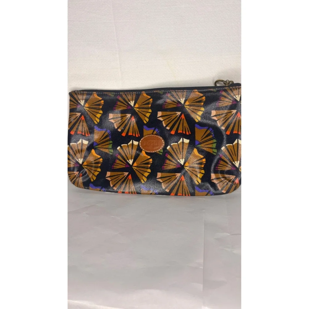 Fossil Pencil Shaving Print Coated Canvas Zipper Pouch Navy Blue Cosmetic Bag